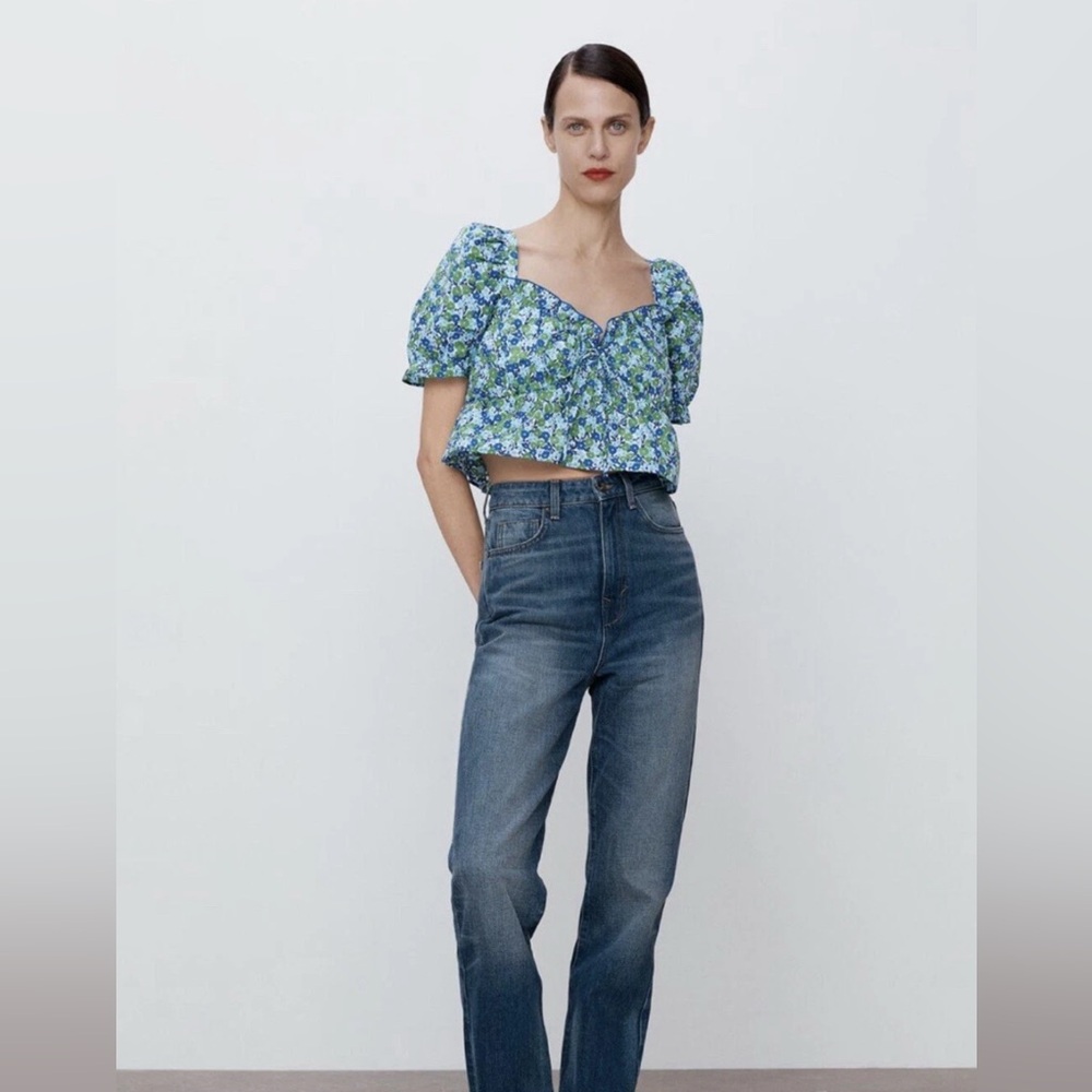 Zara Blue Green Floral Cropped Ruffle Short Sleeve Cotton Blouse Large